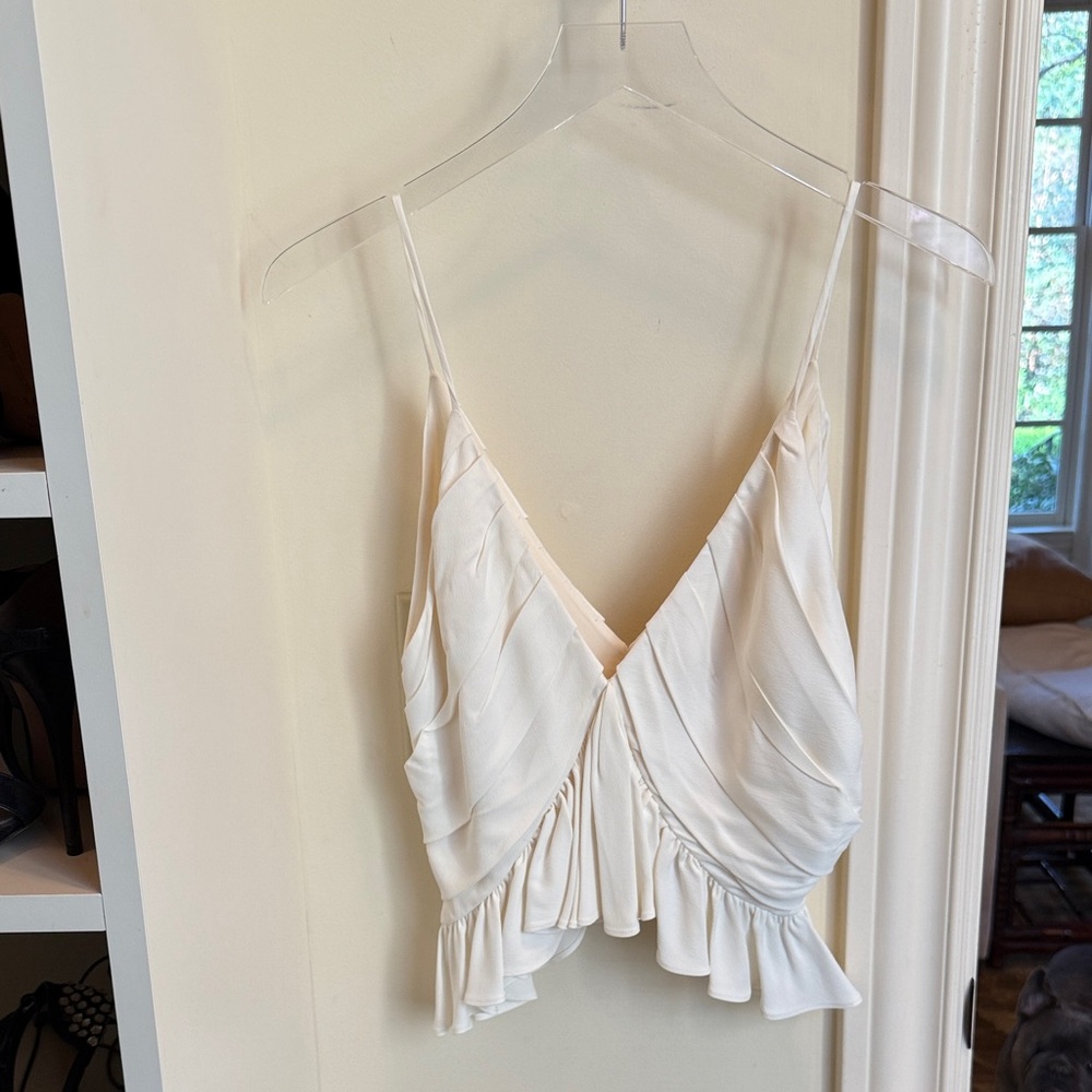 KHAITE Mista Top Small White Ruffle-Trimmed V-Neck Silk Camisole
